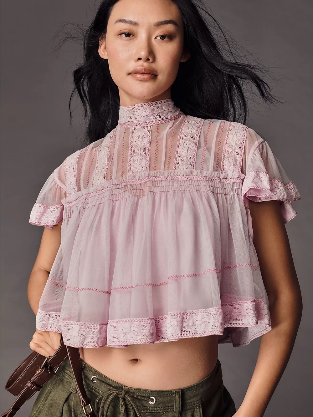 Anthropologie Pale Pink Sheer Lace High-Neck Crop Top